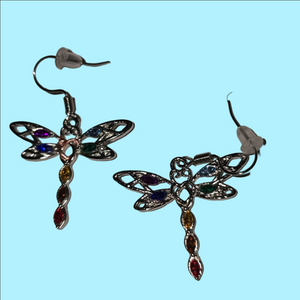 Silver Dragonfly Earrings with Multicolor Gemstones